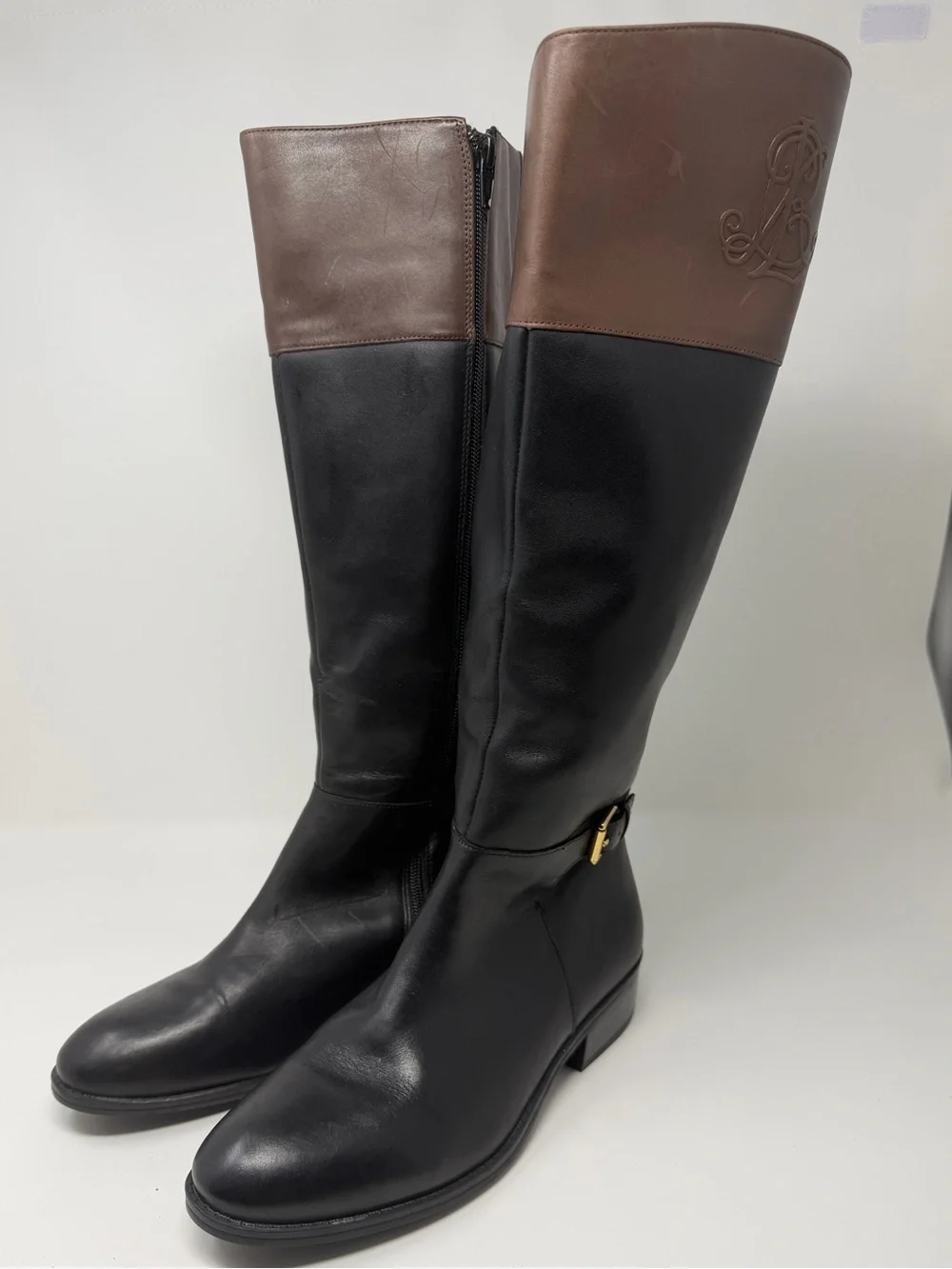 Women’s Ralph Lauren Windsor Two-Tone Black and Brown Leather Boots Sz. 8